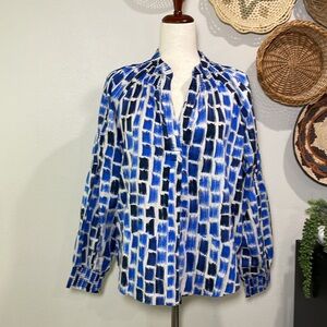 NWT’s NIC+ZOE Printed Brushstrokes Cotton Top Blouse Shirt Blue Multi Size Large